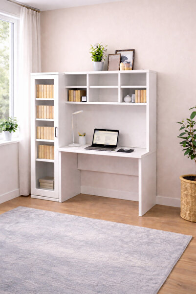 Setay Bilgisayar Masası, Merisa Çalışma Masası, Cam Kapaklı Kitaplık