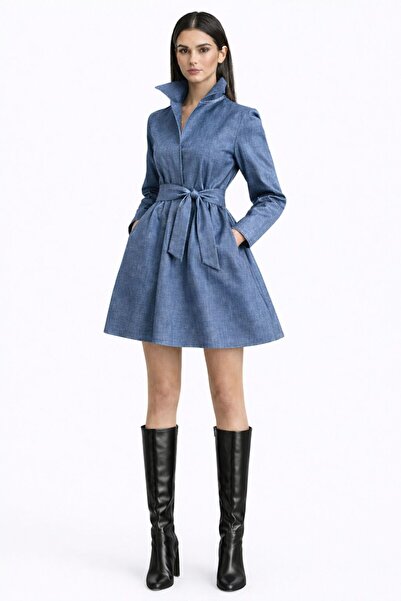 UNTIMELY Mobile Belt Detailed Fake Indigo D Denim Mini Shirt Dress