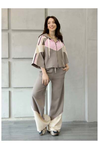 Coral Striped Detail Hooded Set 4706 Pink