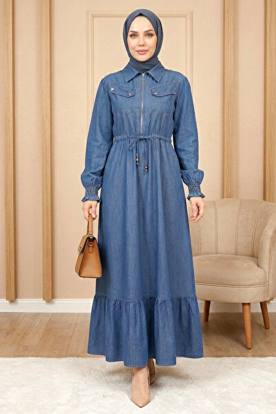 FERHEL Rochie din denim Tessettür cu jumătate de fermoar și șireturi cu buzun...