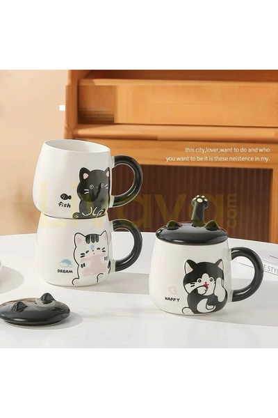 Livava Ceramic Mug with Cat Figure, Paw Spoon, and Lid
