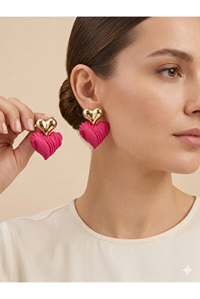 Pelin Aksesuar Fuchsia Patterned Heart Earrings