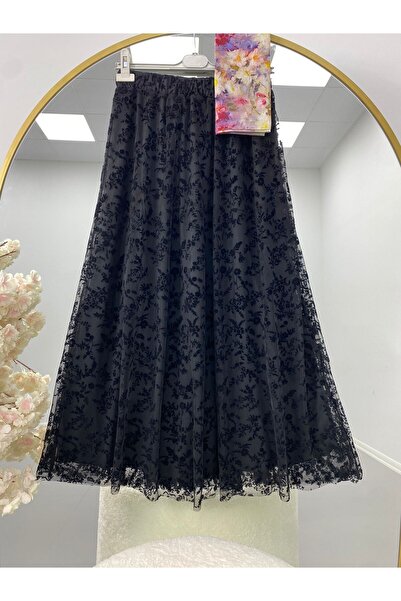modasindoma تنورة نسائية مزين بدانتيل غيبور باللون الأسود
