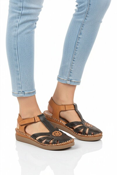 Pierre Cardin Black Genuine Leather Velcro Women's Daily Sandals Pc-54517 Z