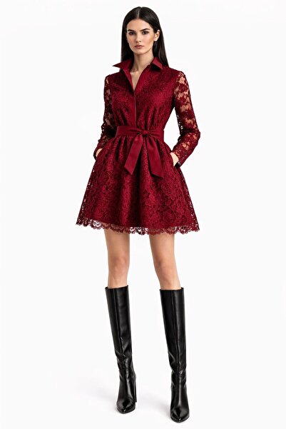UNTIMELY Belt Detailed Drawstring Lace Mini Shirt Dress
