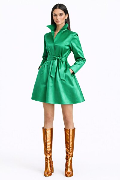 UNTIMELY Mobile Belt Detailed American Satin Mini Shirt Dress