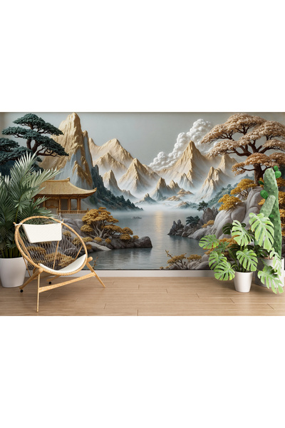 Tasarım Doğu Manzaralı Dağ ve Tapınak Duvar Muralı – Asya Esintili Peyzaj Tas...