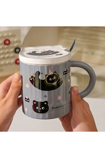 Livava Cat Patterned Pastel Colored Textured Ceramic Mug with Lid and Spoon -...
