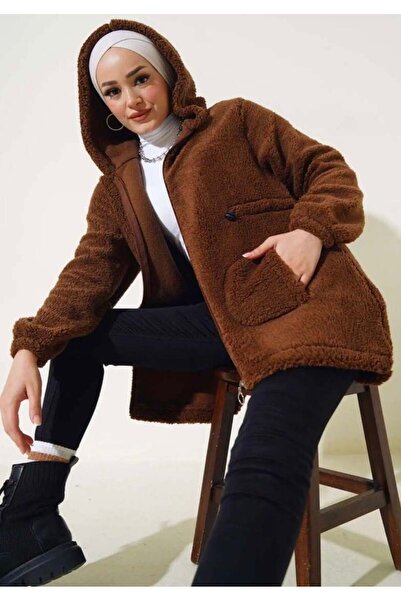 modasindoma Women's Elastic Waist Plush Cardigan Brown