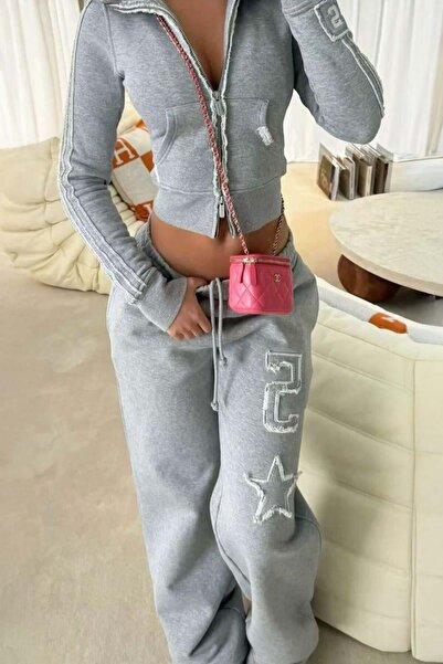 8line Gray Star Detailed Y2K 5 Baggy Tracksuit Set