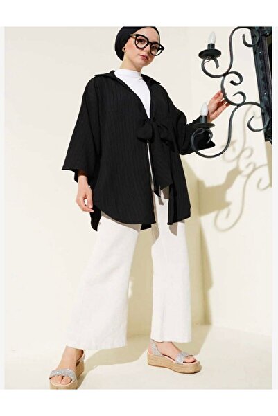 modasindoma Kimono cu șireturi în față pentru femei, negru