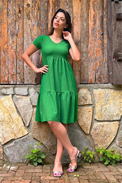 Dipmoda γυναικείο πράσινο φόρεμα Χωρίς φόδρα Midi μήκος με σούρες LPTR03