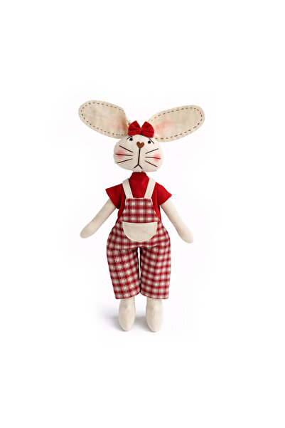Wang Iepuraș cu fundiță roșie și salopetă în carouri – jucărie textilă realiz...