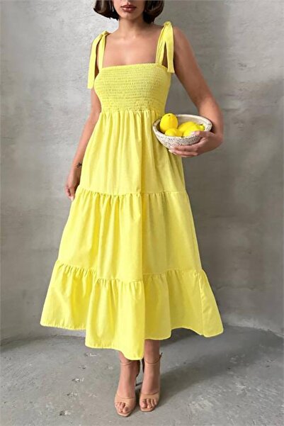 Dipmoda γυναικείο κίτρινο φόρεμα με τιράντες Ποπλίνα υφασμάτινο καλοκαιρινό φ...