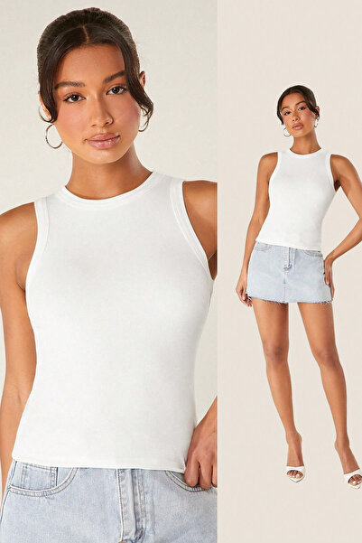 MİO ESTİLO Women's Corded Fabric Look Slim Fit Body-Fitting Basic Undershirt Blouse, Pack of Halter Neck and Cotton