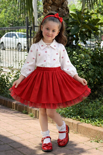 kr kids Girl's Red Tutu Skirt and Bow Shirt Set – Stylish Combination for Cas...