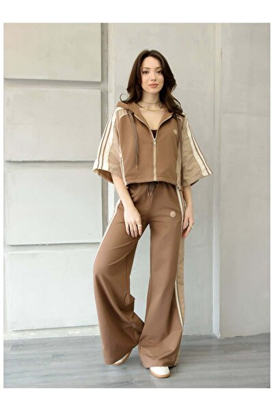 Coral بقطع قماش مخيطة معاً طقم سويت شيرت بأكمام قصيرة 4707 بني