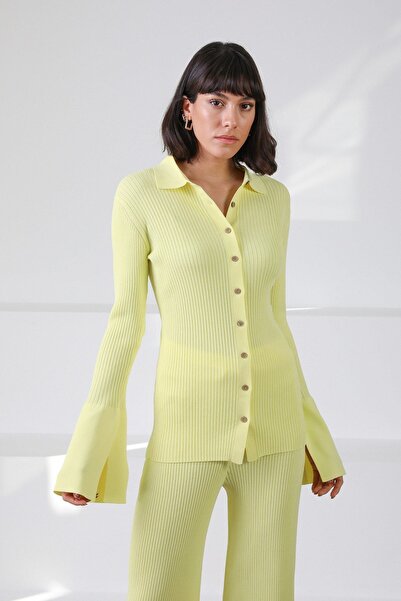 Ferraro Yellow Buttoned Spanish Sleeve Slit Detailed V Viscose Knitwear Cardigan