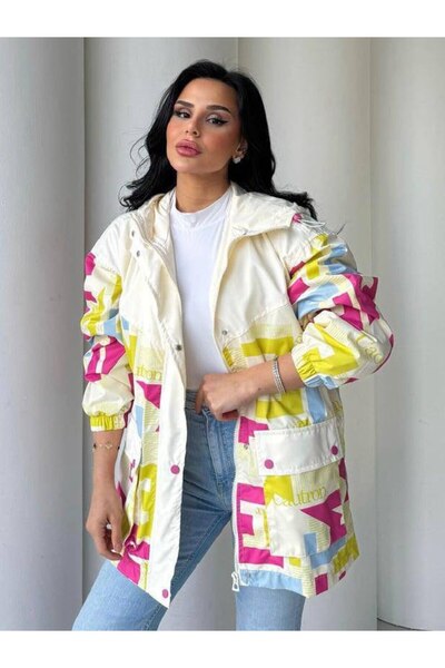 QİMYA BUTİK Veto Women's Hooded Color Text Printed Medium Length Raincoat Coat