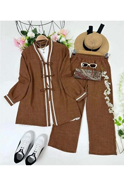 modasindoma Women's Zigzag Detailed Two-Piece Set Brown