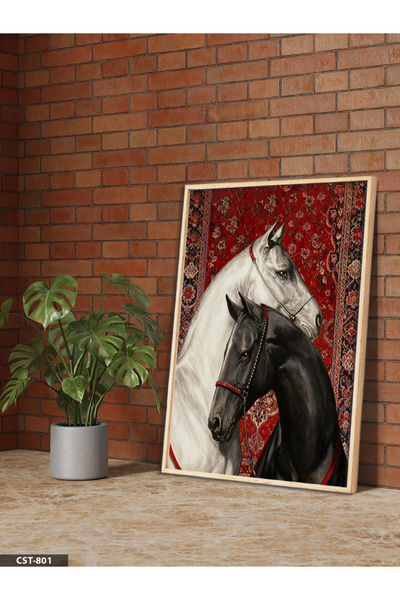 Evinemoda Black and White Horse One Piece Wooden Framed Painting