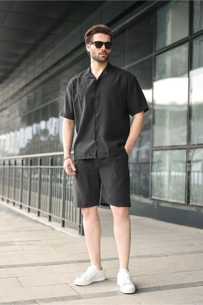 Madmext Black Tensel Fabric Men's Shorts and Shirt Set E7352