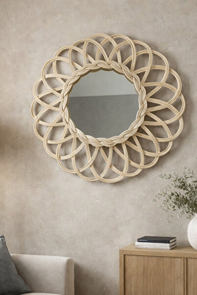 MaviMarinUrla El Yapımı Bambu Rattan Dekoratif Ayna,Yuvarlak Hasır Duvar Ayna...