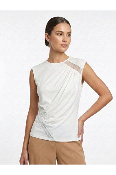 peralist Women's Ecru Lace and Ruched Detail Lined Sleeveless Sandy Fabric Bl...