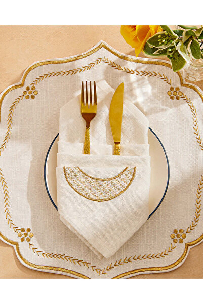 REDTAG طقم مناديل مطرّز باللون العاجي والذهبي، 4 قطع