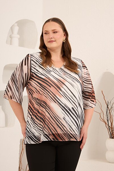 RMG İçi a Lined Plus Size Chiffon Blouse Mink