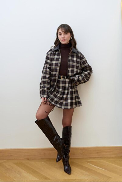 ALVOR Women's Brown Plaid Jacketed Mini Skirt Set – Stylish Autumn Combination