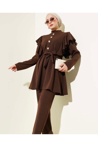 modasindoma طقم نسائي مكون من قطعتين مع أكتاف مكشكشة وحزام باللون البني