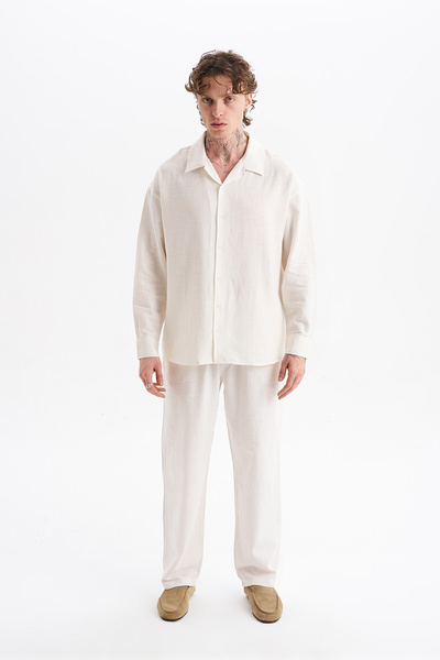 NOHOW Men's Koton Linen Blended Long Sleeve Apaj Collar Shirt, Elastic Waist ...