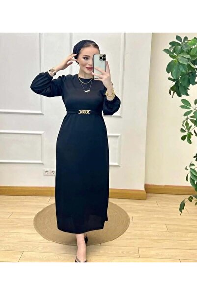 modasindoma فستان نسائي تفاصيل حزام باللون الأسود