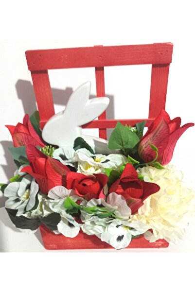 Pasiunea Florilor Fereastră Lemn Roșie Cu Iepure Alb și Panseluțe Albe