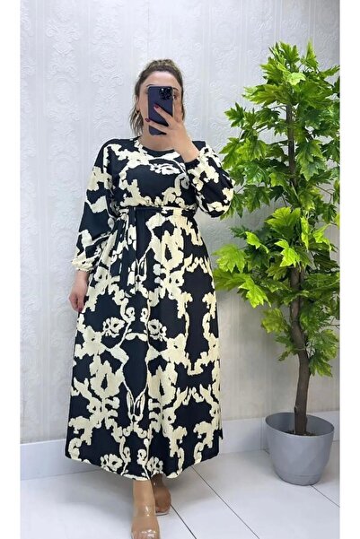 modasindoma Women's Patterned Bat Sleeve Dress Black