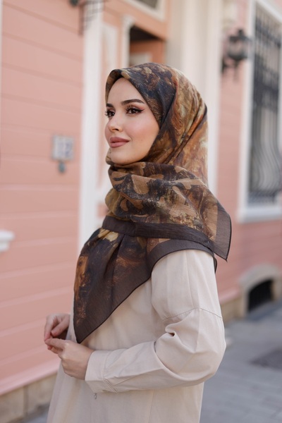 ipekistanbul Tensel Eşarp - Ebruli Desen - Kahve Hardal