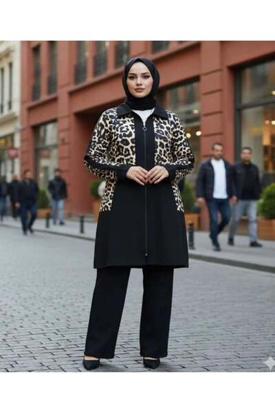 modasindoma طقم نسائي من قطعتين بنقشة الفهد باللون الأسود