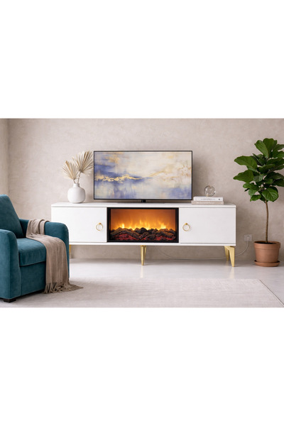 ÖZAYDIN HOME ELİTE TV SEHPASI ŞÖMİNELİ VE MÜZİK ÇALARLI (BLUETOOTH) BEYAZ RENK