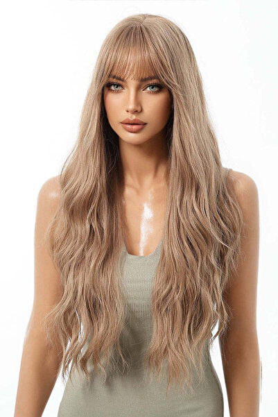 WildFashion Long light brown wig with straight bangs and natural waves, PER14...