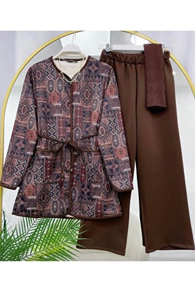 modasindoma Γυναικείο κοστούμι παντελονιού Με έθνικ μοτίβο σε καφέ χρώμα