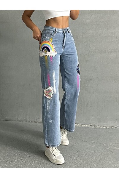 ADAMODA.RO Τζιν παντελόνι με λάστιχο και φαρδιά καμπάνα, διακοσμημένο με πούλιες