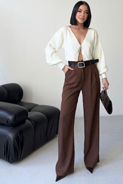 Thiff Women's High Waist Belt Detail Pleated Cotton Linen Palazzo Pants