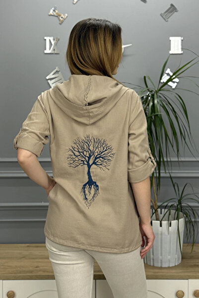 Bİ.GİYSEN Women's Camel Hooded Embroidered Tree of Life on the Back Cotton Li...