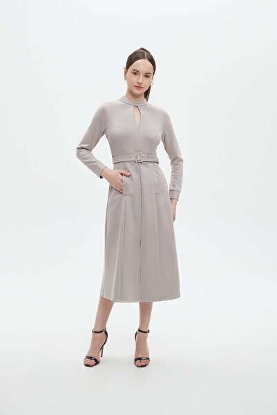 mica Women's plain long-sleeve midi dress with round neck and belt