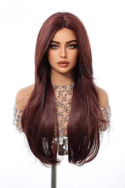 WildFashion Long burgundy red wig with middle parting made of premium synthet...