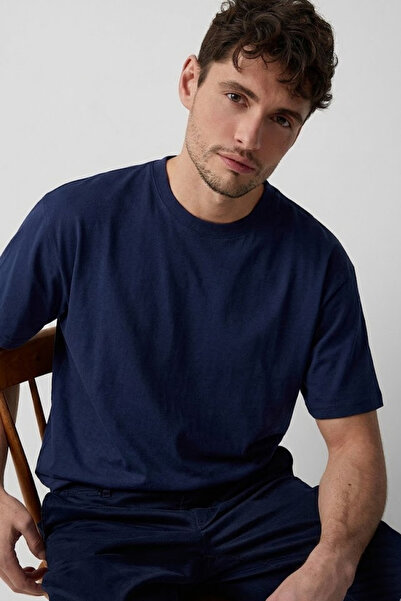 COMBİNE MİCHAİL Men's Crew Neck Navy Blue Oversized T-Shirt