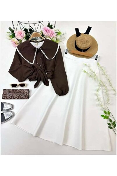 modasindoma Γυναικείο κοστούμι με κεντημένο γιακά και φούστα σε καφέ χρώμα