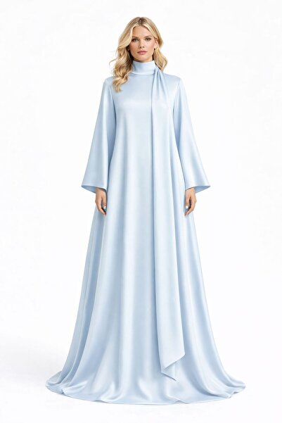 UNTIMELY Pendant Detailed A-Line Maxi Size Blue Satin Stylish Abaya Dress