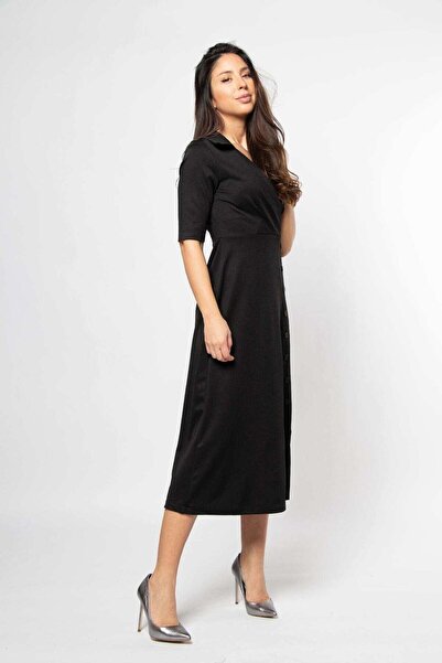 mica Short-sleeve V-neck midi dress with collar and buttons